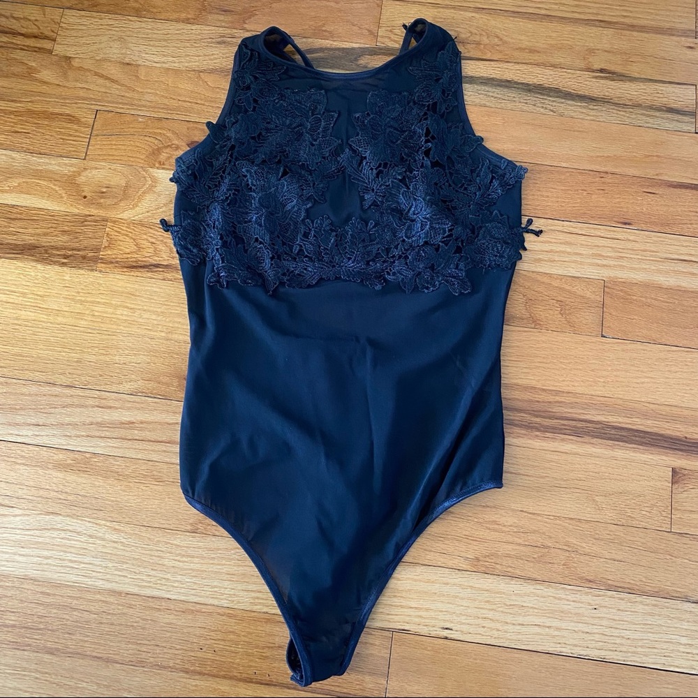 Mesh and lace black open back bodysuit